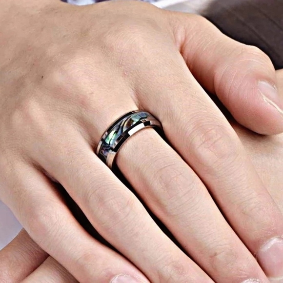 Unisex Ring ✦ Stainless Steel ✦ Natural Abalone Shell Channel ✦ 8mm Silver Band - Picture 3 of 9